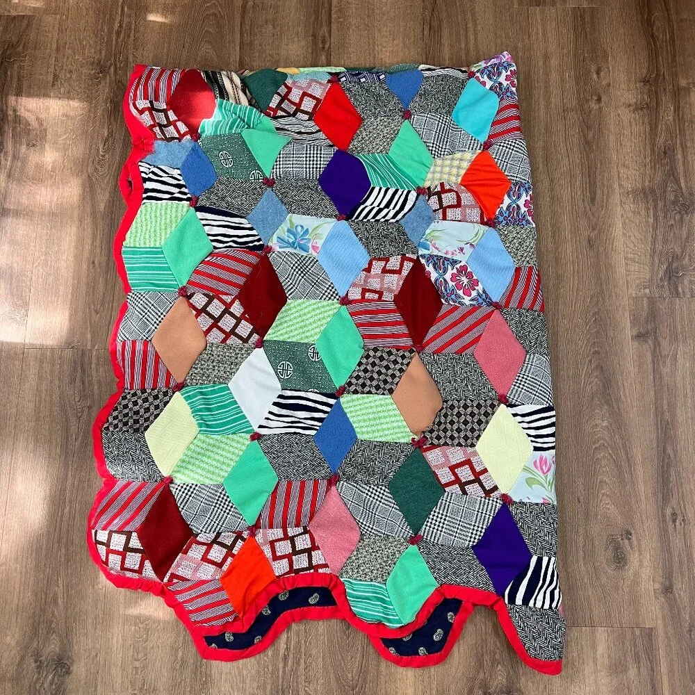 Vintage New England Wool Cube Crazy Quilt 84